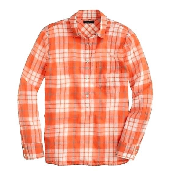J Crew Coral Plaid Cotton Popover Top - Picture 2 of 6